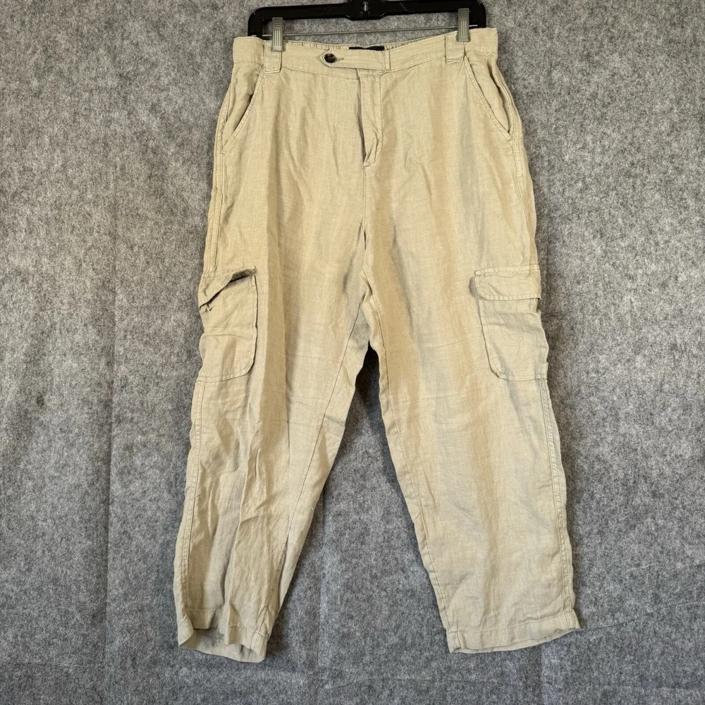 Rachel Roy Linen Cargo Pants Womens Large Moss Green Boho Lagenlook Minimalist